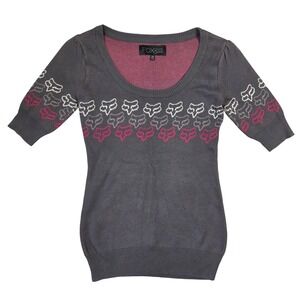 Y2k Fox Girls Charcoal Grey Pink Logo Scoop Neck Short Sleeve Sweater M Racing